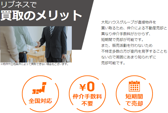 大和ハウスグループのリブネスのメリットは、全国対応、仲介手数料不要、短期間で売却